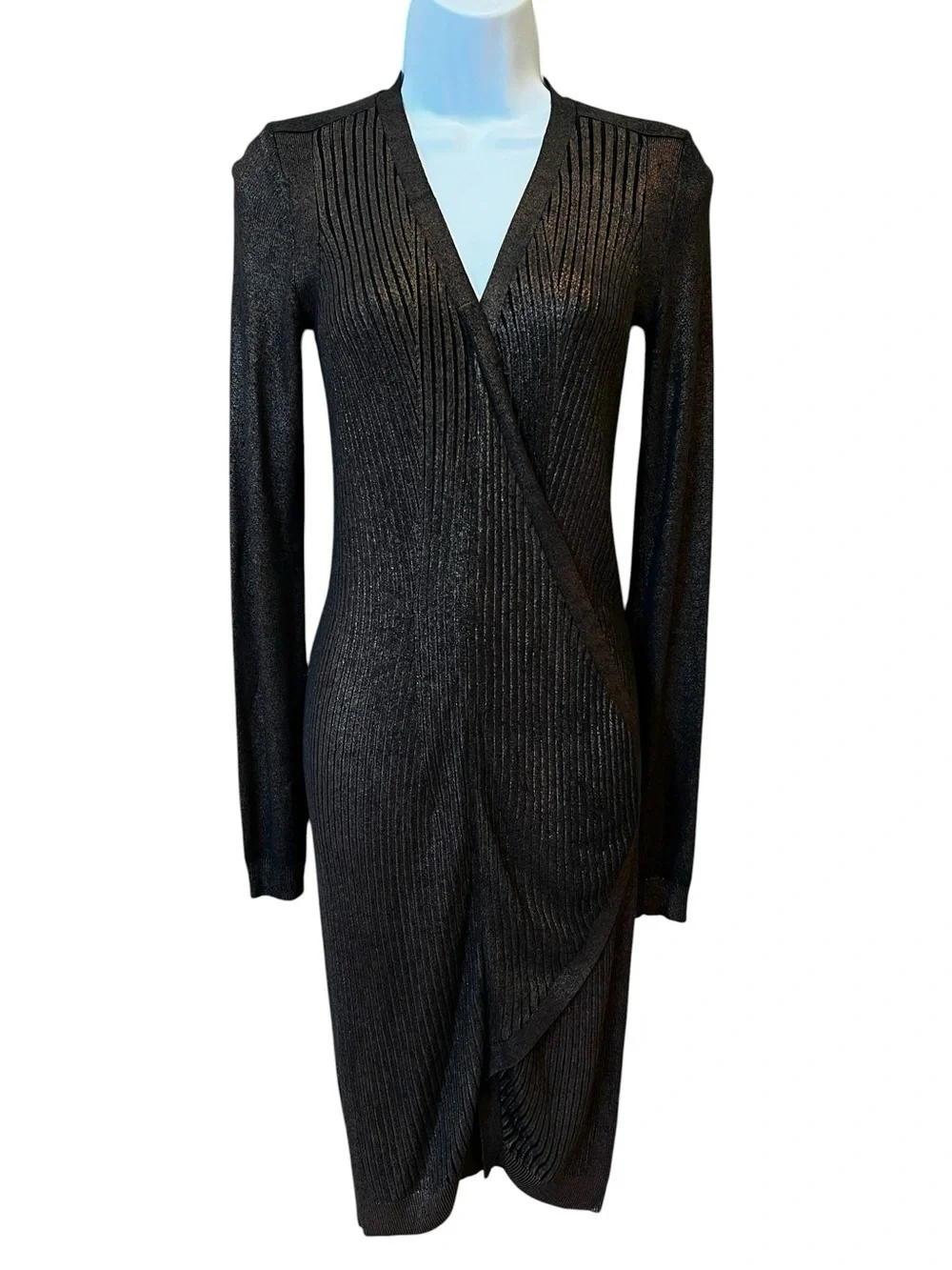 All Saints Epea Wrap Metallic Knit Long Sleeve Dress Black Gold Size 4 Cocktail